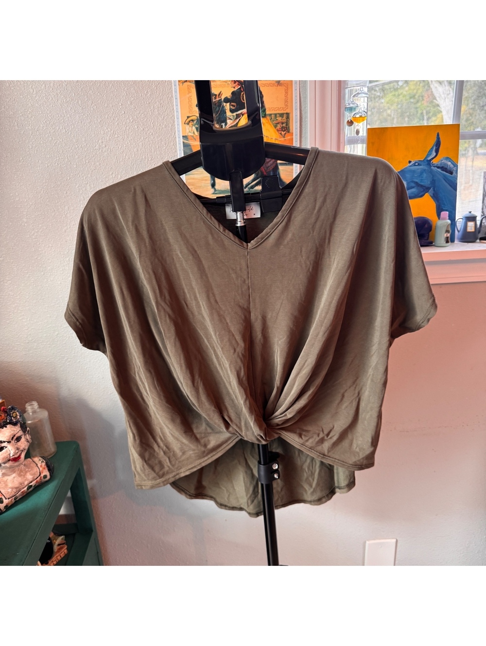 Lavender Field Olive Green Twist Front V-Neck Top Medium